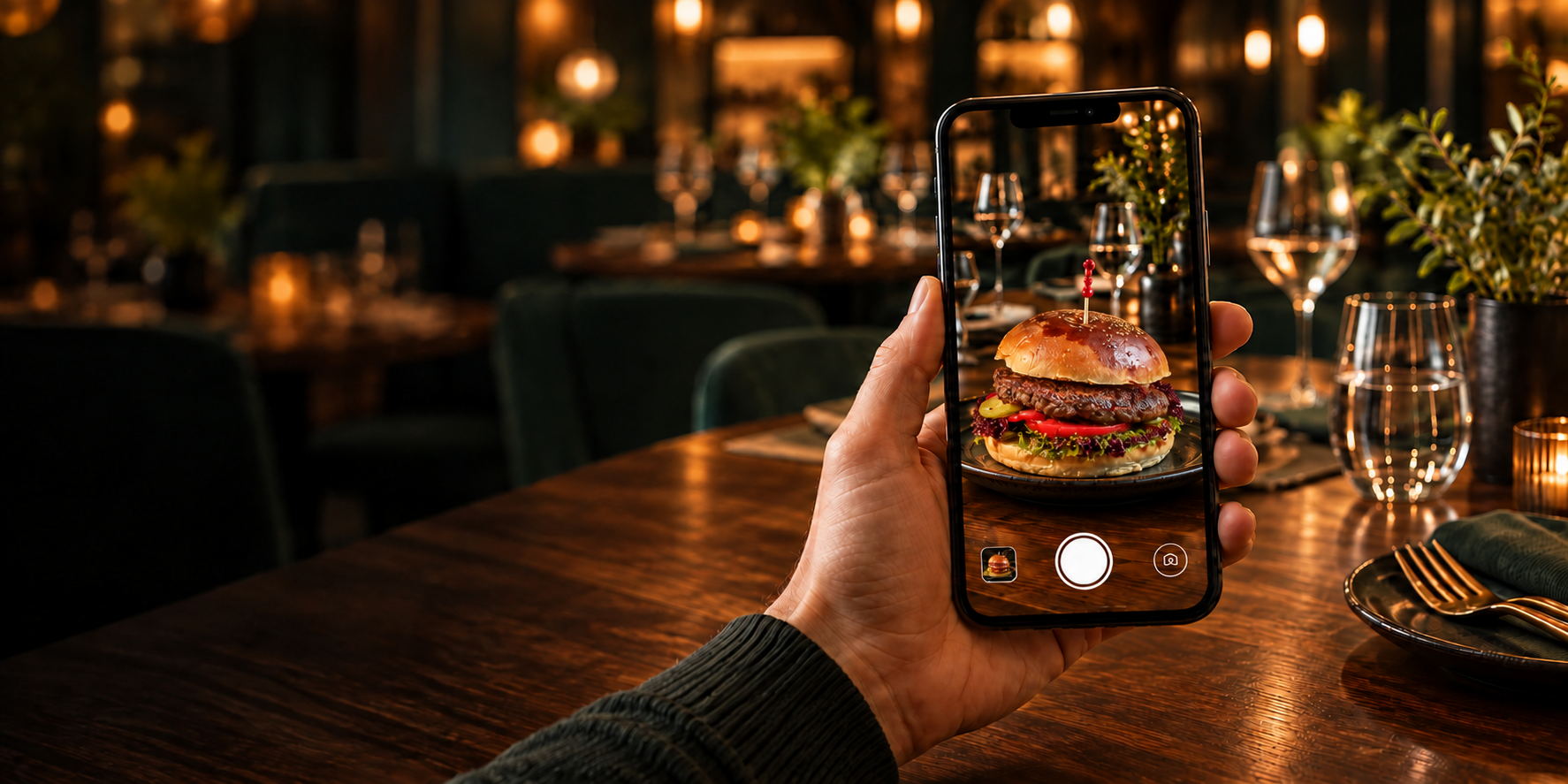 Restoran masasında, telefonda Le Shener’s hamburger sunumu